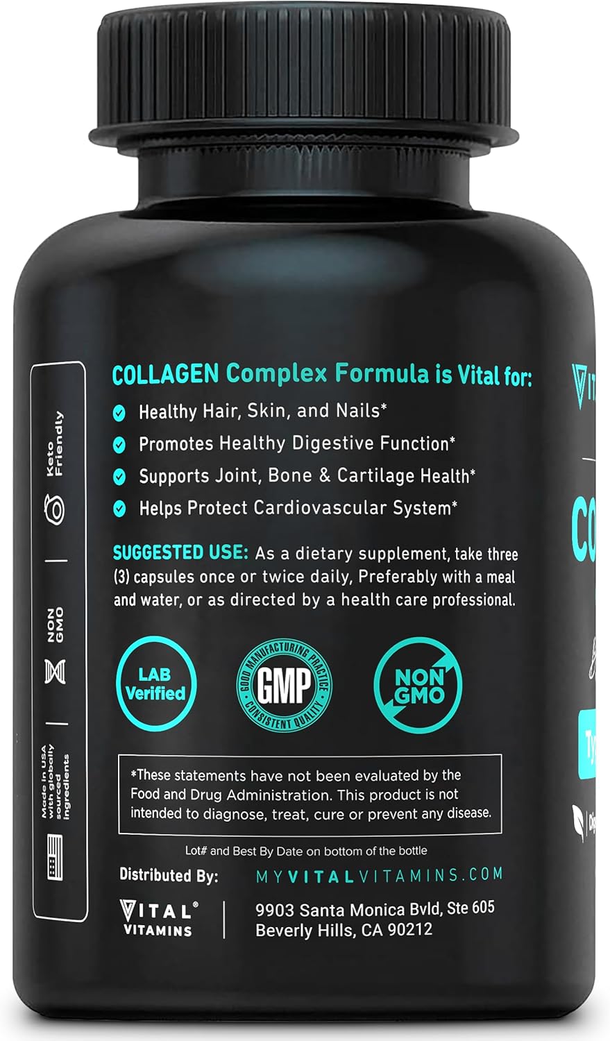 150 Capsules Vital Vitamins Type I, II, III, V, X Multi Collagen for Women & Men - Grass Fed, Non-GMO
