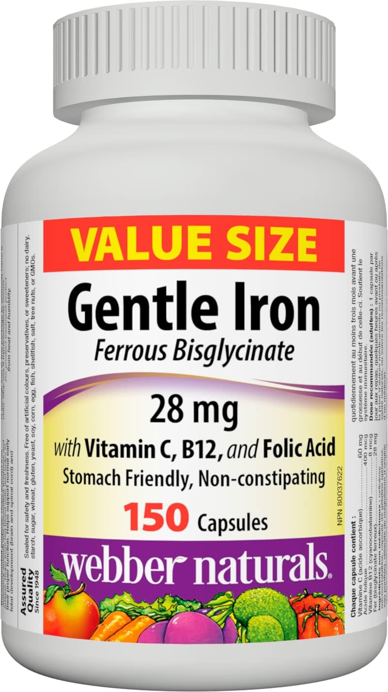 150 Capsules Webber Naturals Gentle Iron Supplement with Vitamin C, B12, and Folic Acid - 28mg, Non-Constipating & Stomach-Friendly Iron Deficiency Anemia Prevention