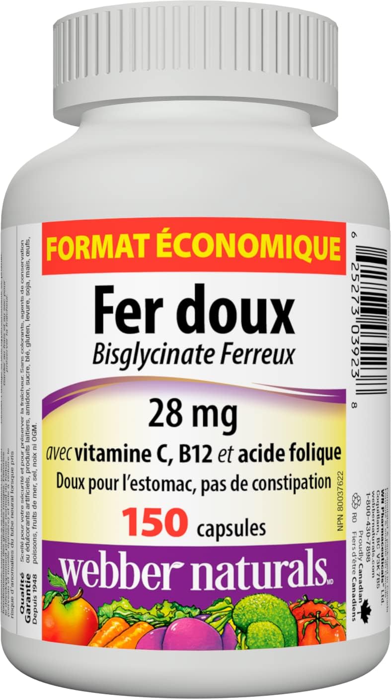 150 Capsules Webber Naturals Gentle Iron Supplement with Vitamin C, B12, and Folic Acid - 28mg, Non-Constipating & Stomach-Friendly Iron Deficiency Anemia Prevention
