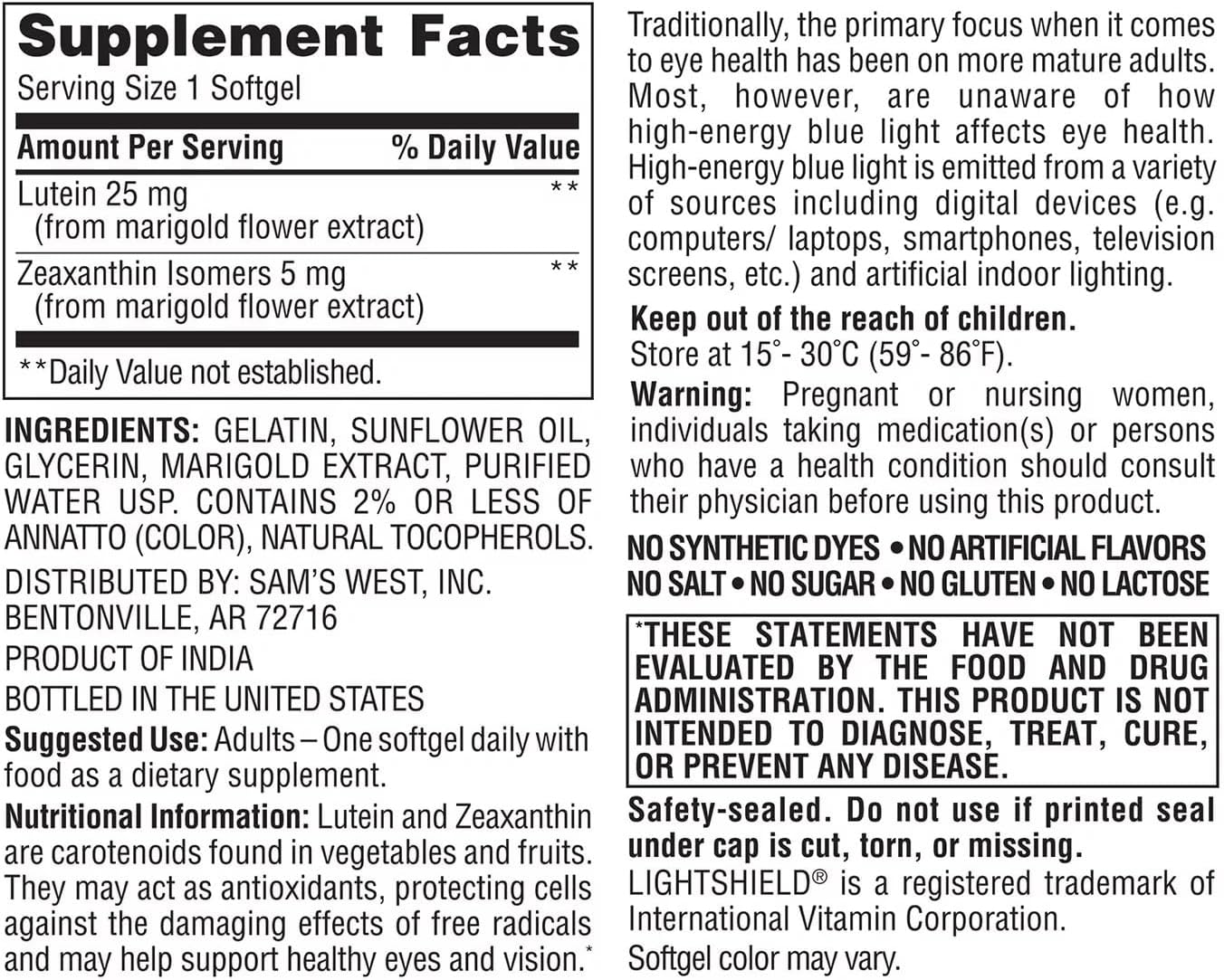 150 Count Members Mark Lutein & Zeaxanthin Supplements - 25mg Lutein, 5mg Zeaxanthin