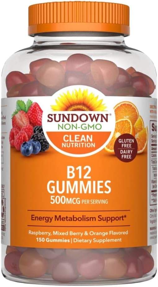150 Ct Sundown Vitamin B-12 Gummies for Energy Metabolism Support in Raspberry, Mixed Berry, and Orange Flavors