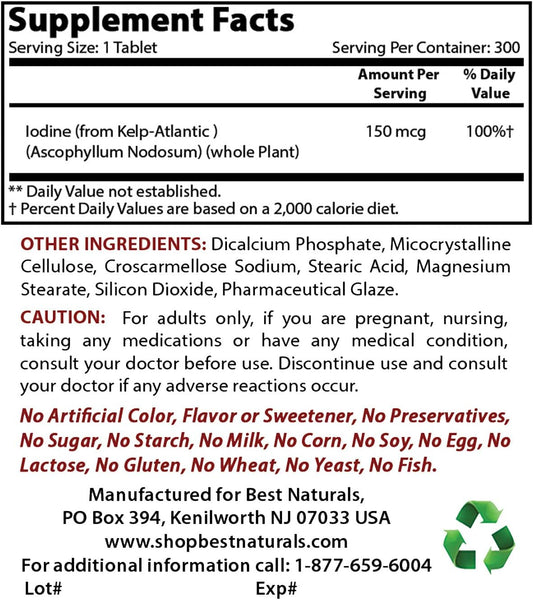 150 mcg Kelp Supplement with 200 mcg Selenium for Thyroid Support