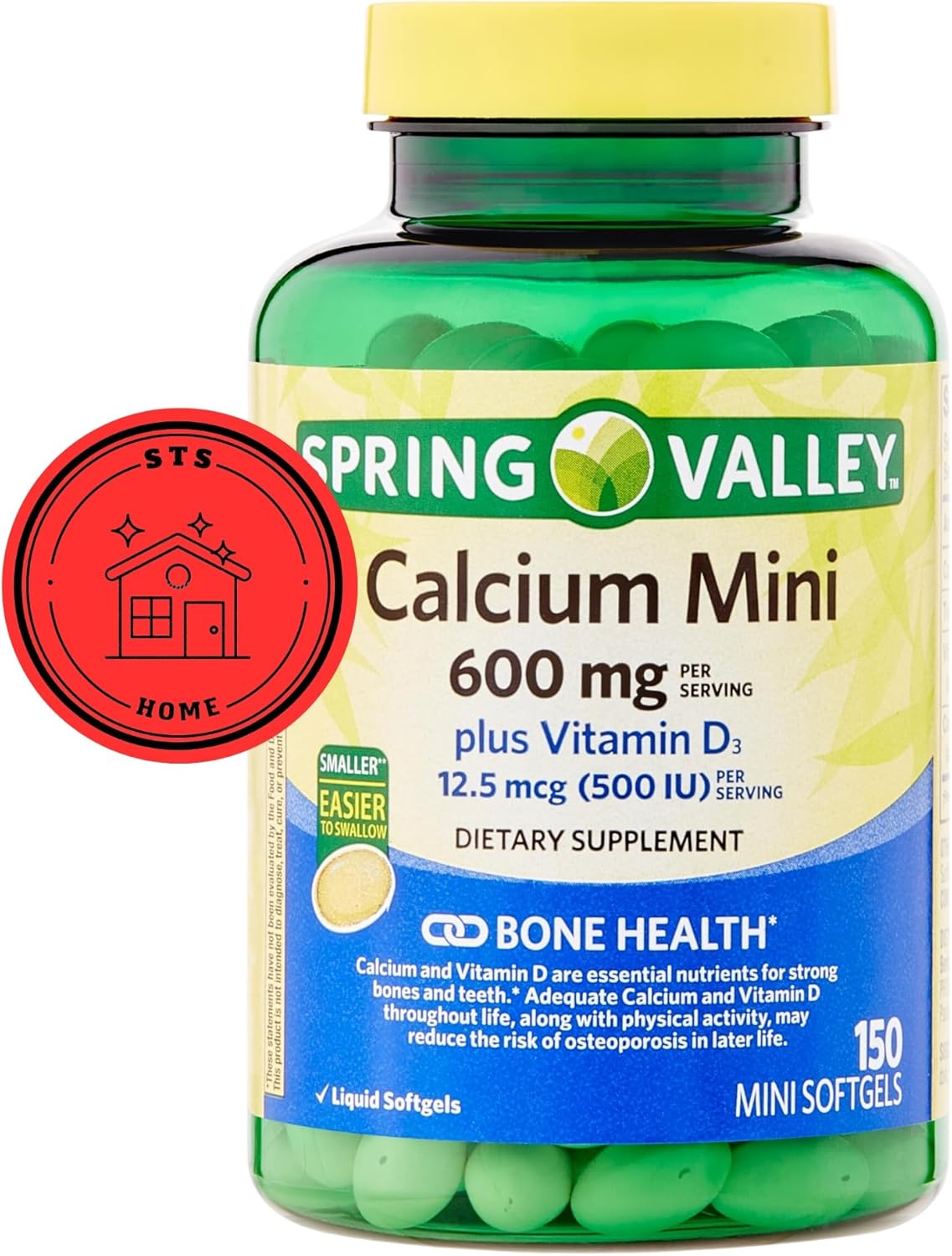 150 Mini Softgels Calcium Supplement with Vitamin D3 - Spring Valley STS Home Calcium Plus 600mg