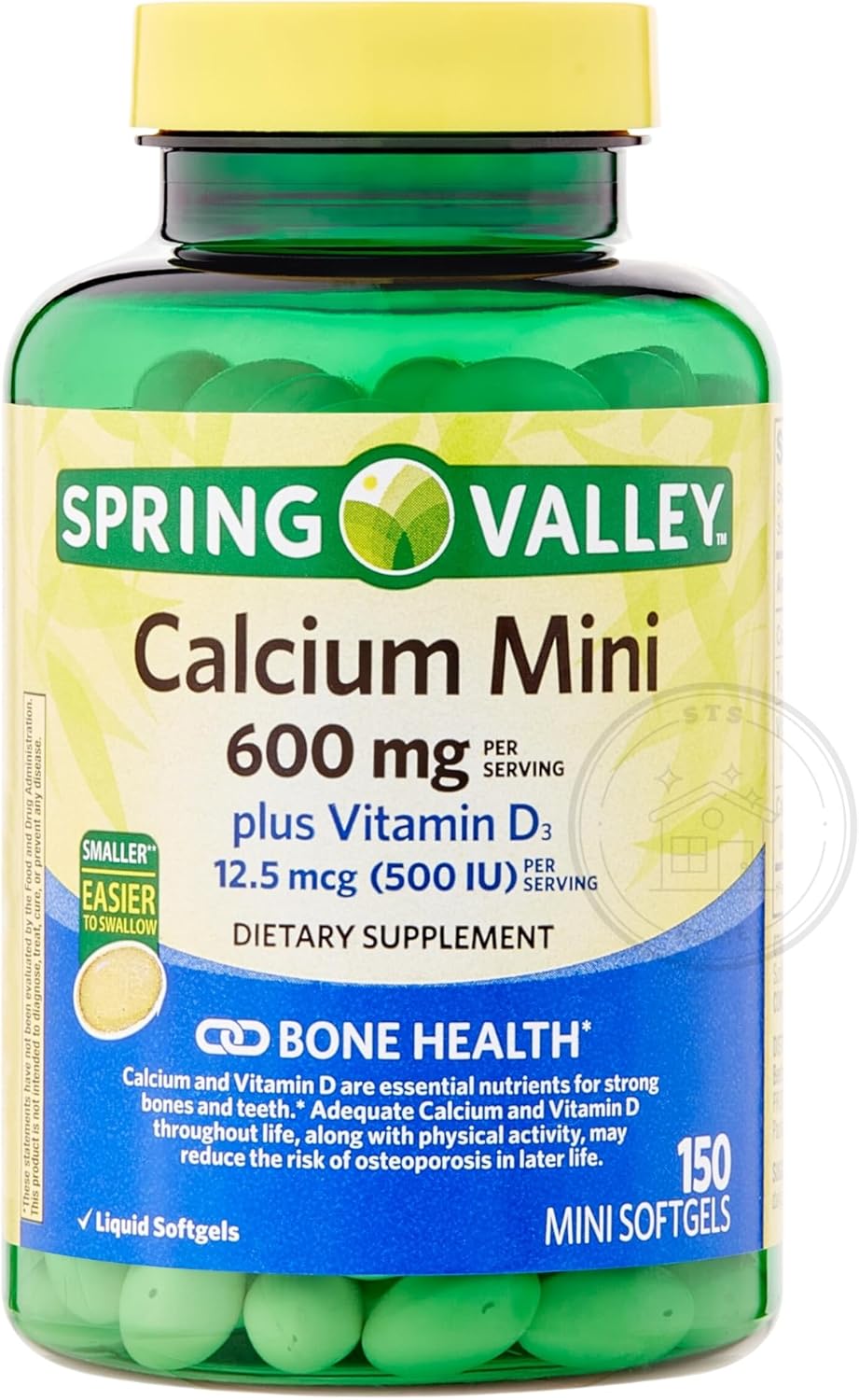 150 Mini Softgels Calcium Supplement with Vitamin D3 - Spring Valley STS Home Calcium Plus 600mg