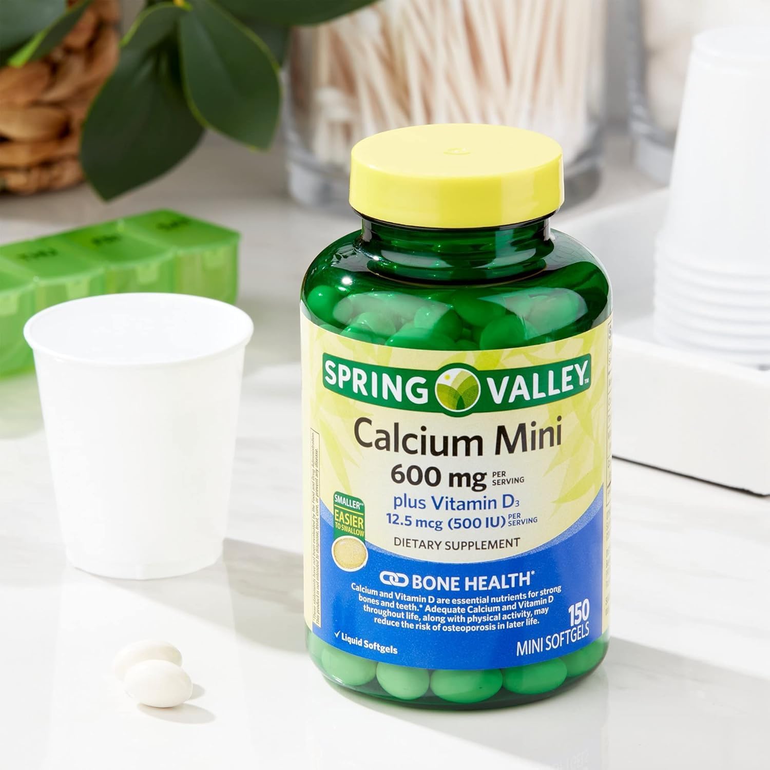 150 Mini Softgels Calcium Supplement with Vitamin D3 - 600 mg Calcium Carbonate - Spring Valley Mini Softgels