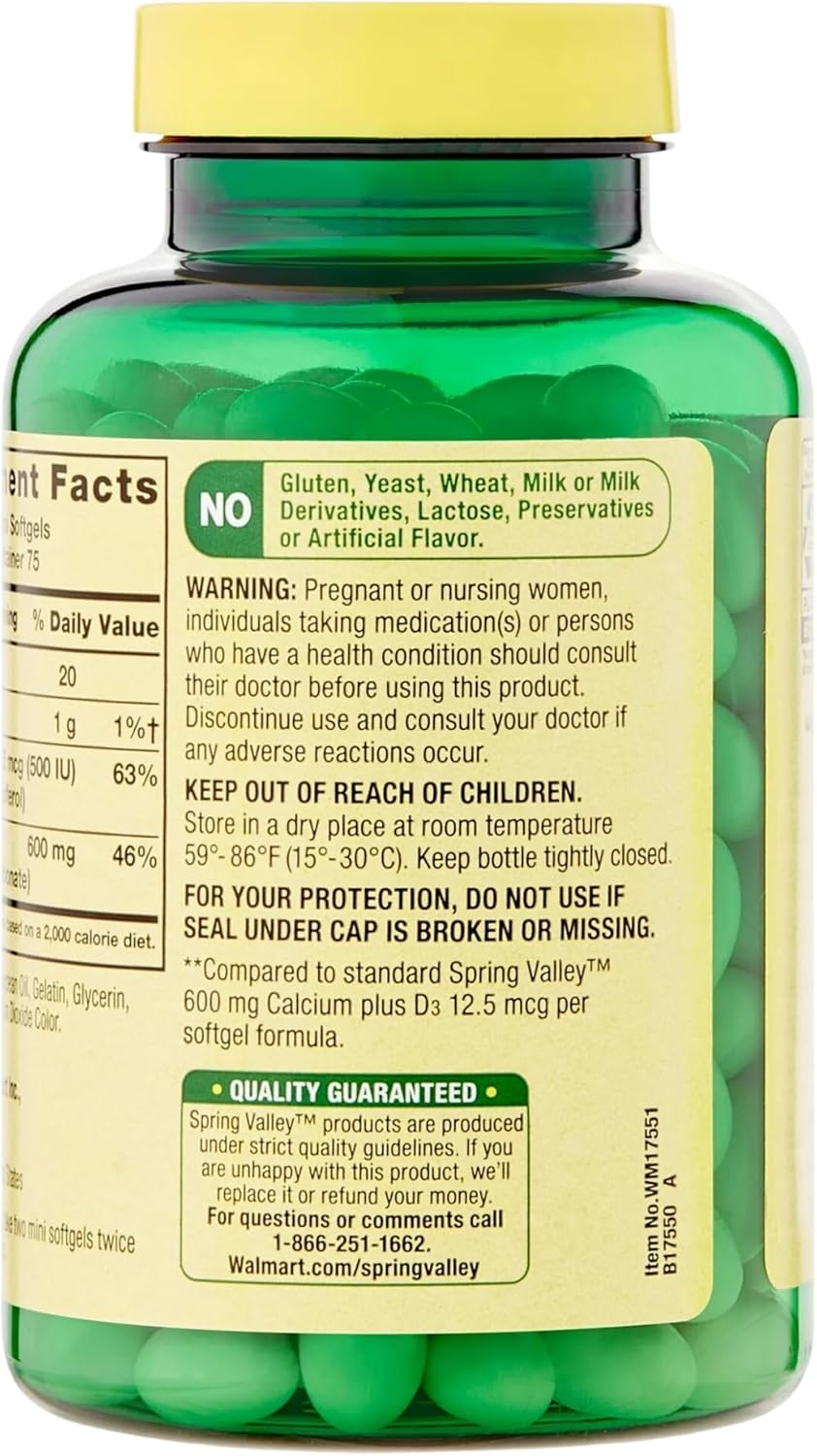 150 Mini Softgels Calcium Supplement with Vitamin D3 - Spring Valley STS Home Calcium Plus 600mg