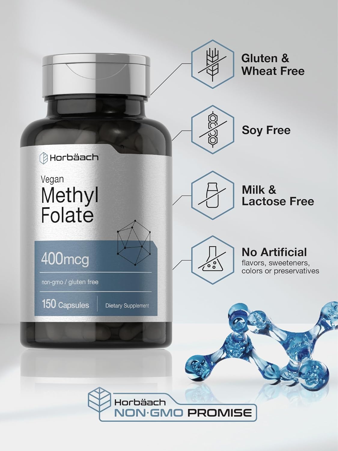 150 Vegan Capsules of Horbäach Methyl Folate 400 mcg - Non-GMO, Gluten Free Dietary Supplement