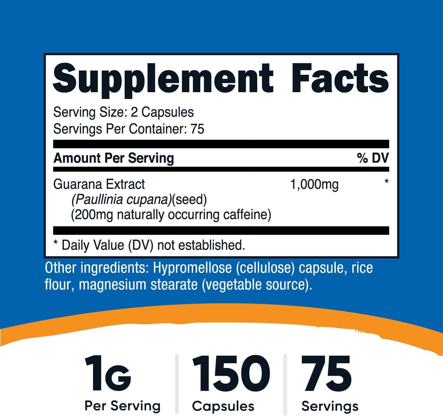 150 Vegetarian Capsules of Nutricost Guarana 1000mg - Herbal Brazilian Caffeine Energizer Supplement