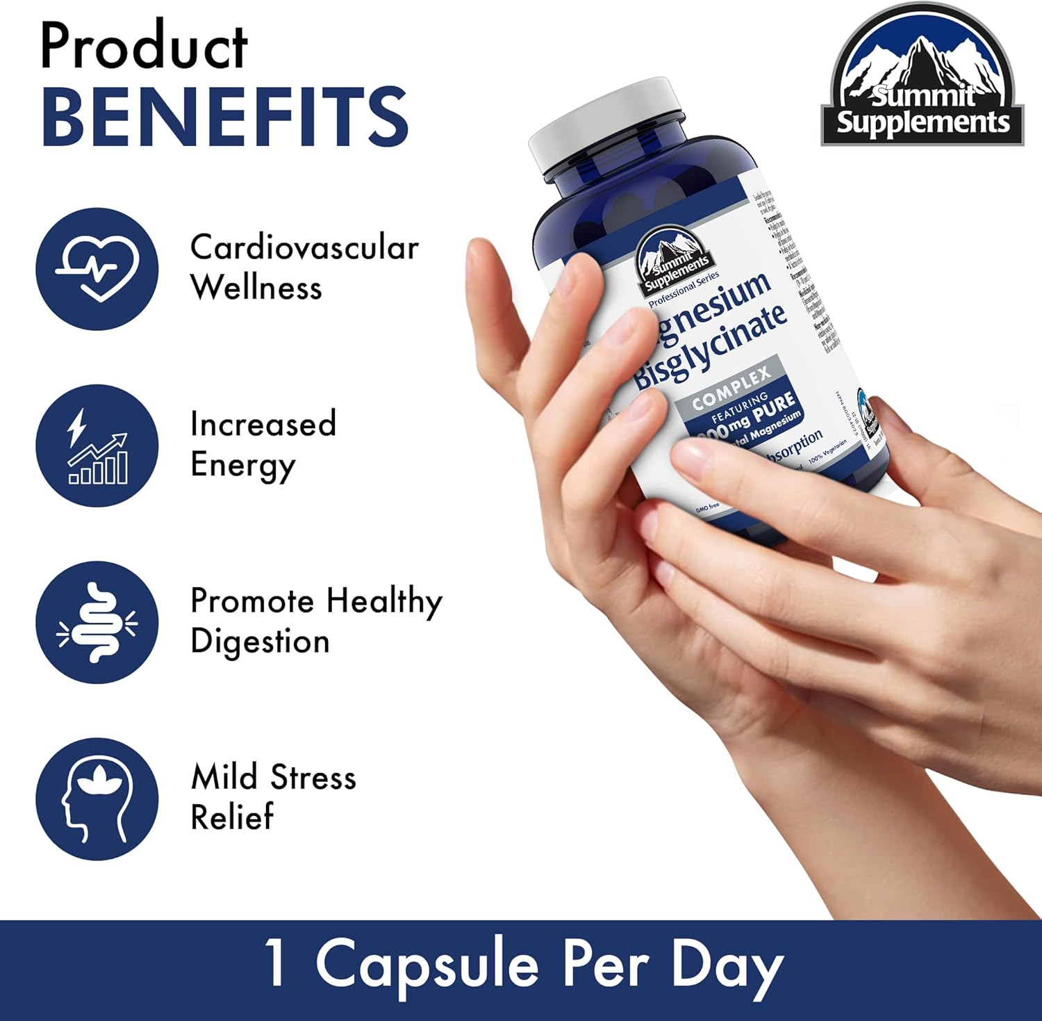 150 Veggie Caps of Summit Supplements Magnesium Bisglycinate Complex 200 mg - Supports Bone Health, Muscle Function, and Tissue Formation