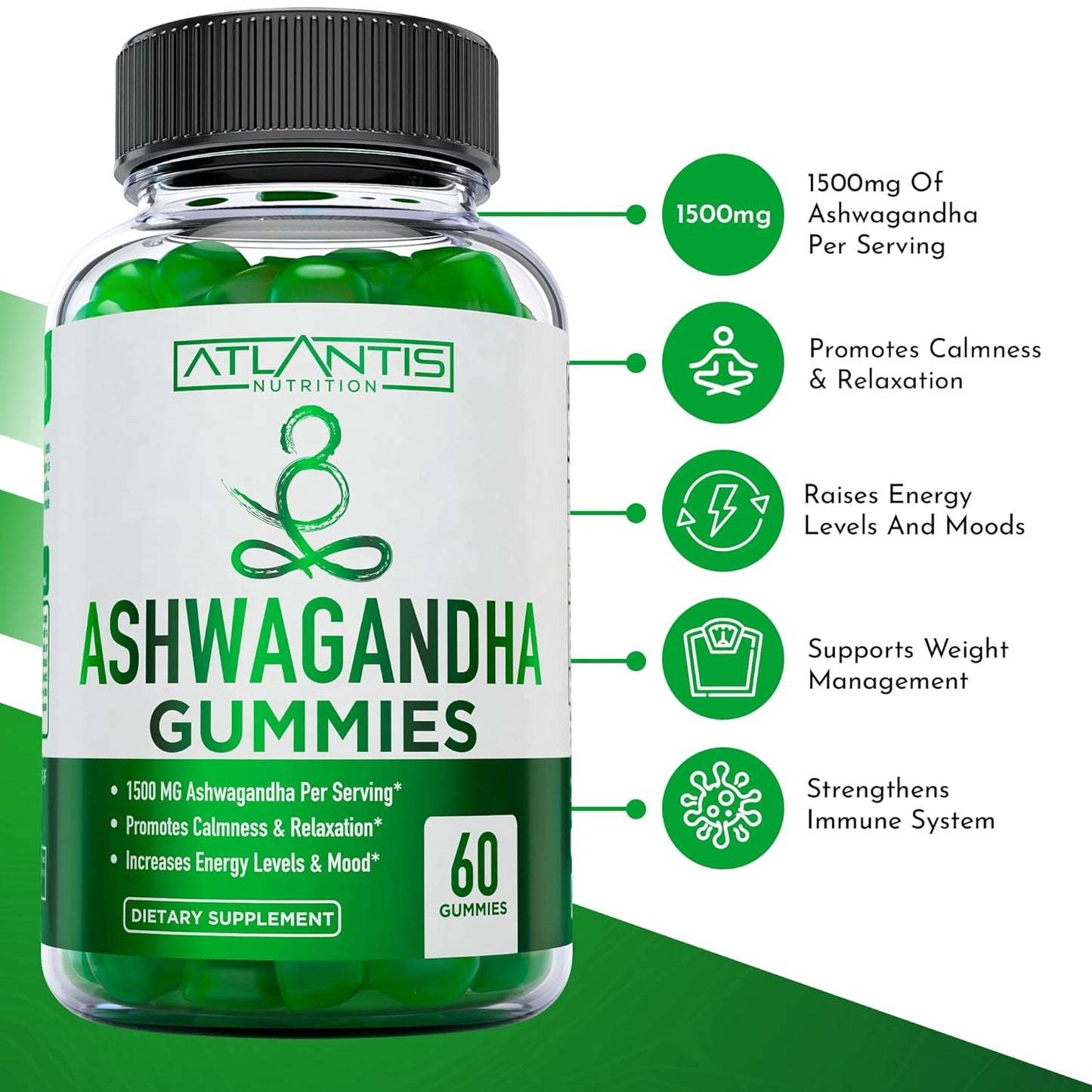 1500 MG Atlantis Nutrition Ashwagandha Gummies for Calmness, Mood, Energy, & Immune Support - Vitamin D, Zinc, Vegan - 60 Count