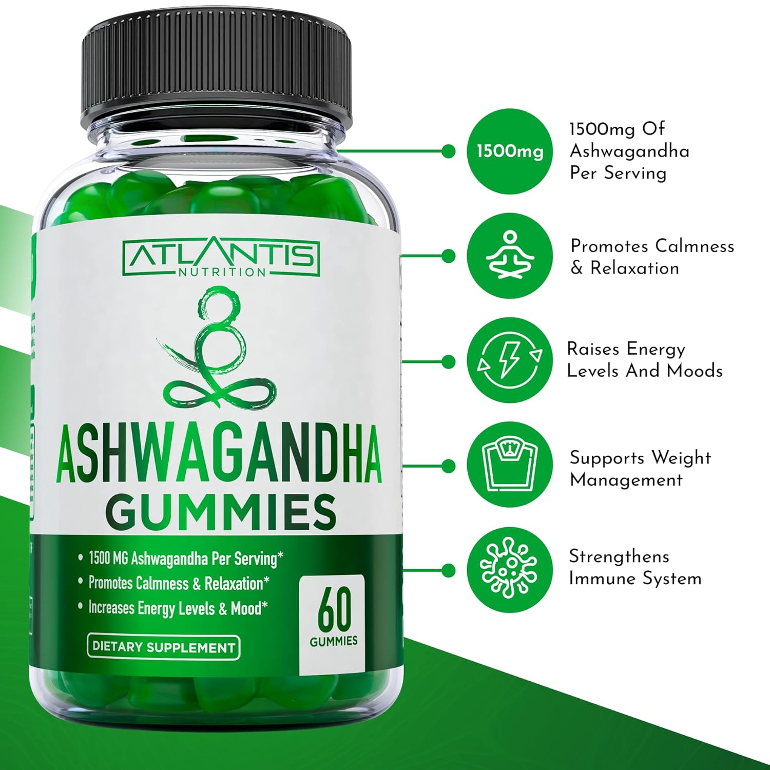 1500 MG Atlantis Nutrition Ashwagandha Gummies for Calmness, Mood, Energy, & Immune Support - Vitamin D, Zinc, Vegan - 60 Count