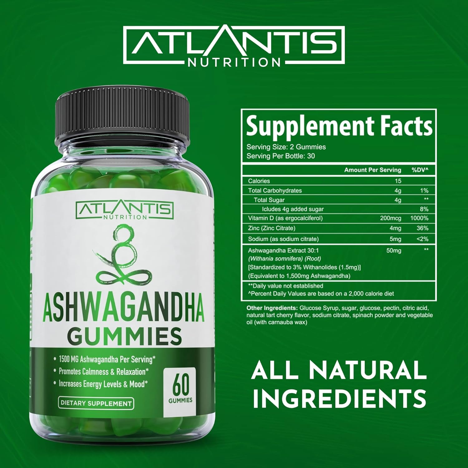 1500 MG Atlantis Nutrition Ashwagandha Gummies for Calmness, Mood, Energy, & Immune Support - Vitamin D, Zinc, Vegan - 60 Count