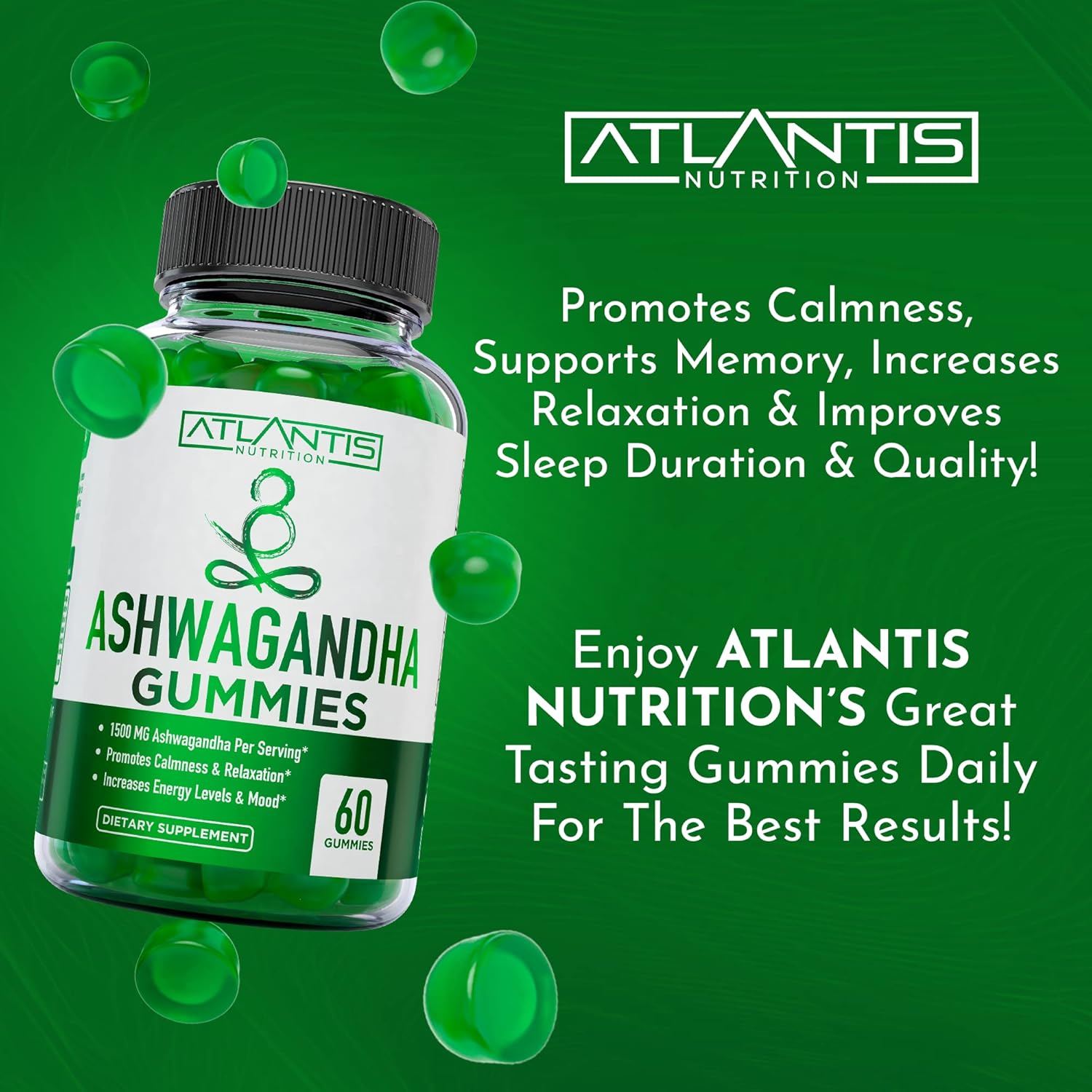 1500 MG Atlantis Nutrition Ashwagandha Gummies for Calmness, Mood, Energy, & Immune Support - Vitamin D, Zinc, Vegan - 60 Count