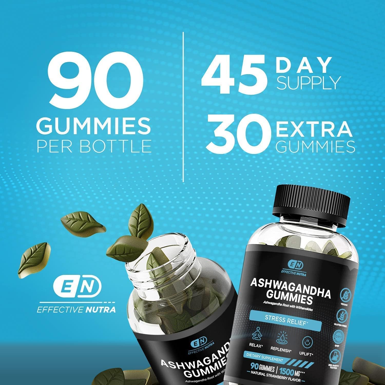 1500mg Ashwagandha Gummies for Stress Relief, Immune Support, and Energy Boost - Natural Berry Flavor - 90ct Vegan Supplement