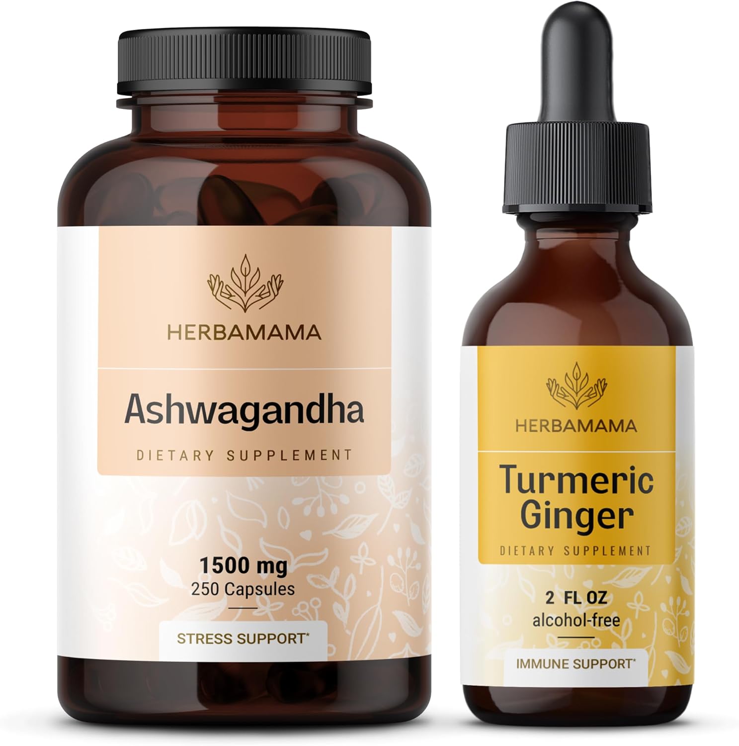 1500mg Ashwagandha Root Capsules & Turmeric Ginger Tincture Bundle - Vegan, Non-GMO - 2 Pack