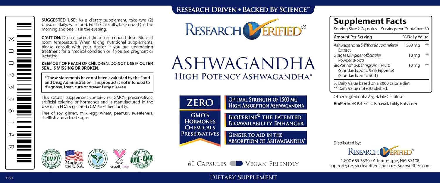 1500mg Ashwagandha with Bioperine & Ginger Root - Cognitive Function Support - 60 Vegan Capsules