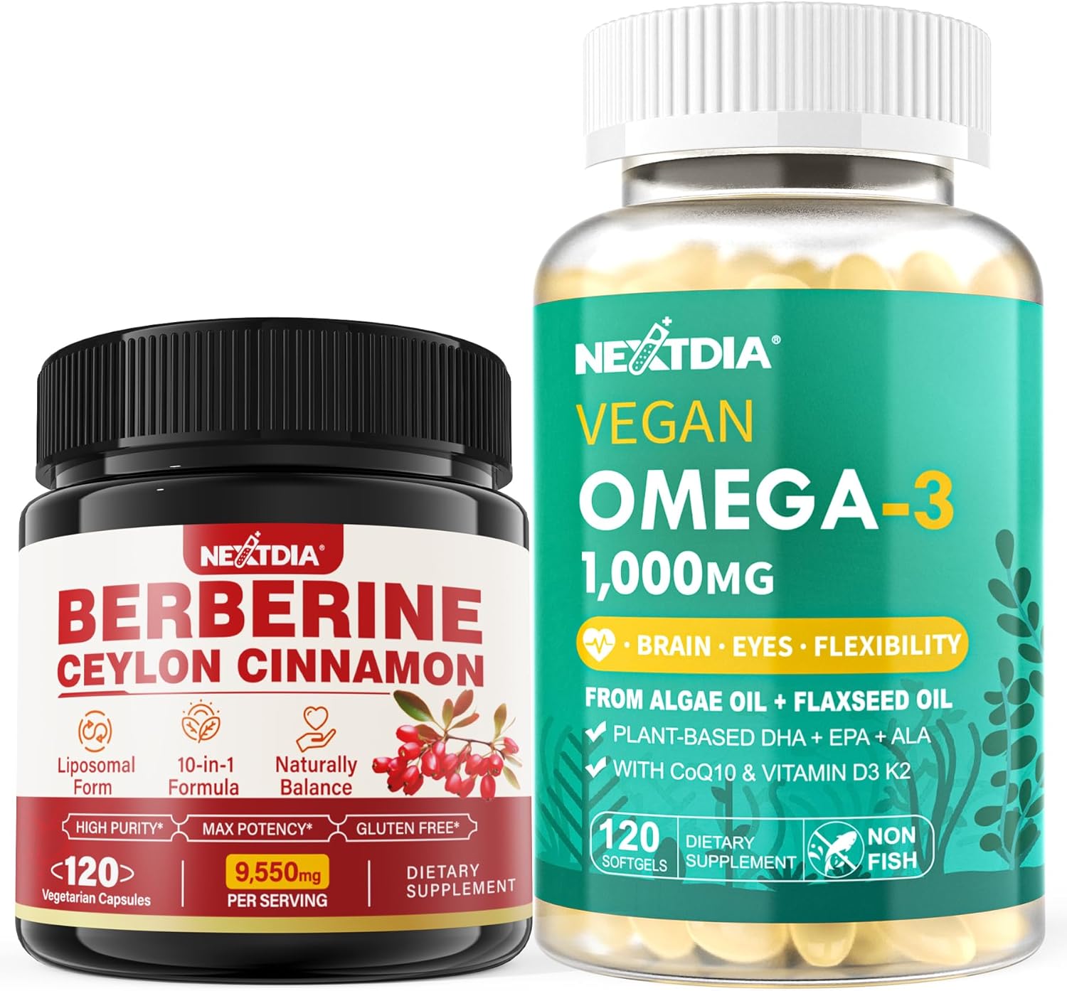 1500mg Berberine Supplement & 1000mg Vegan Omega 3 Supplement by Nextdia