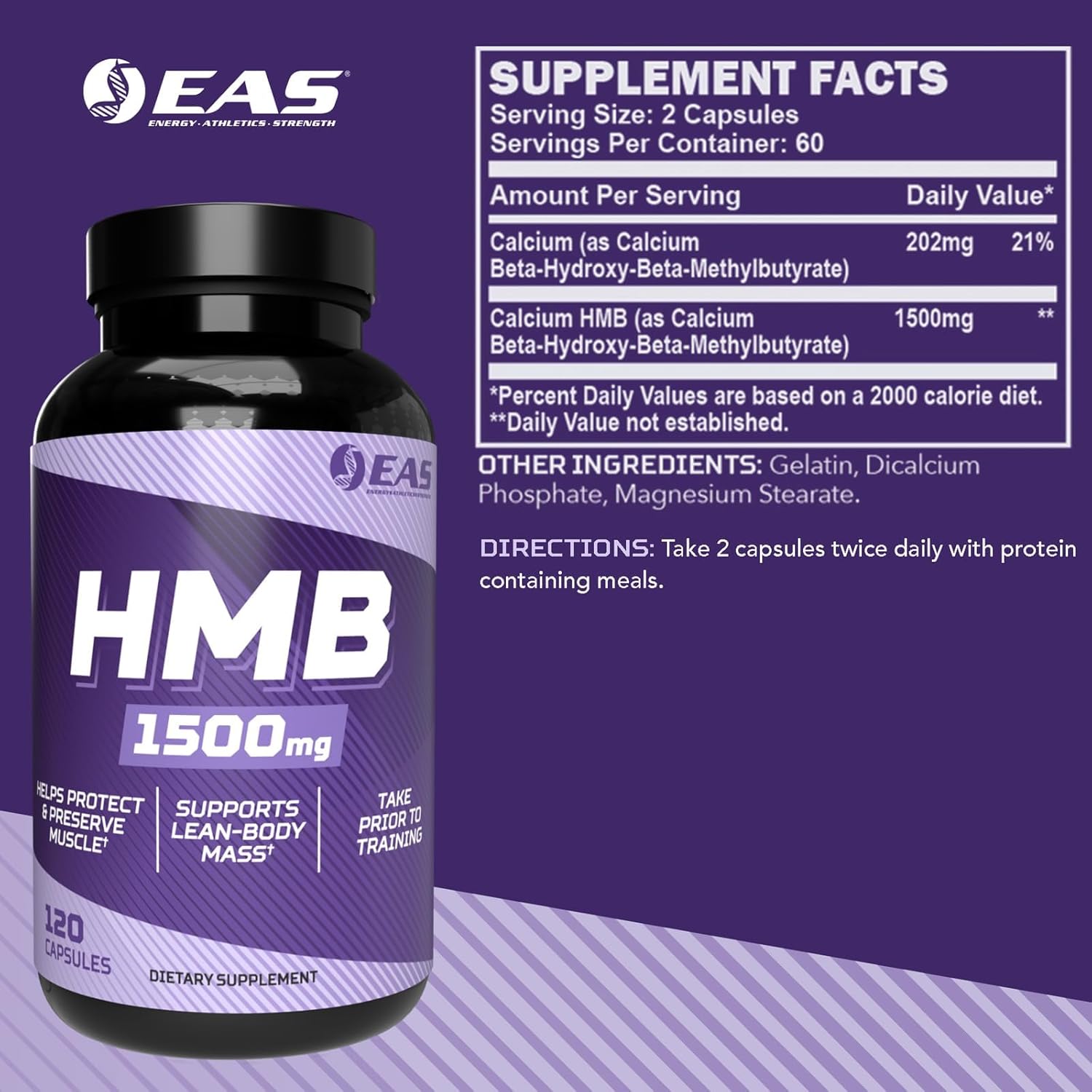 1500mg EAS HMB Capsules for Lean Muscle Support & Recovery - 120 Count