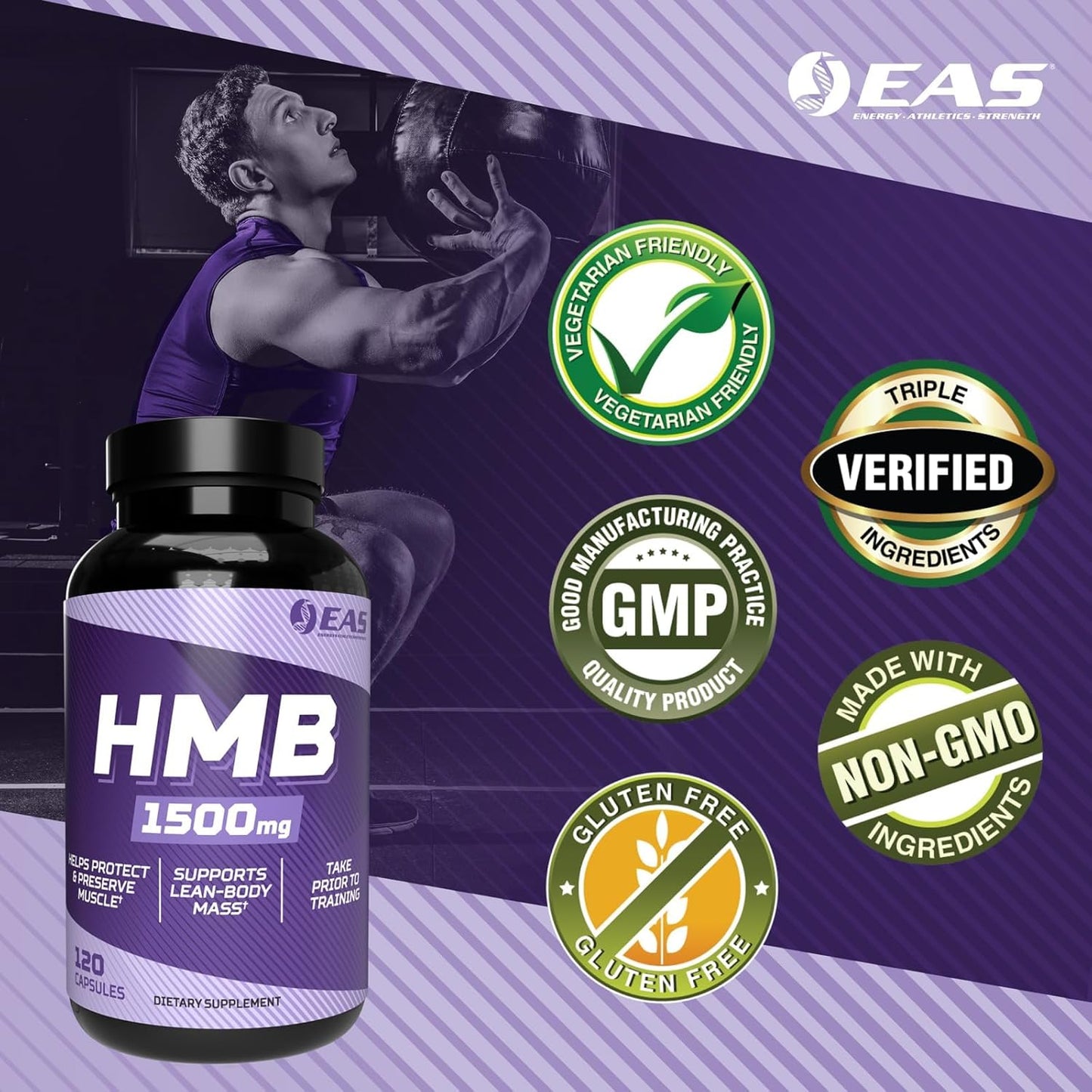 1500mg EAS HMB Capsules for Lean Muscle Support & Recovery - 120 Count