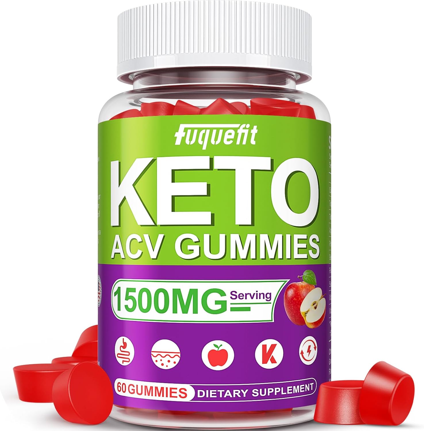 1500mg Fuquefit Keto ACV Gummies with B6 & B12, Pomegranate & Beet Juice - Vegan Formula - 60 Gummies