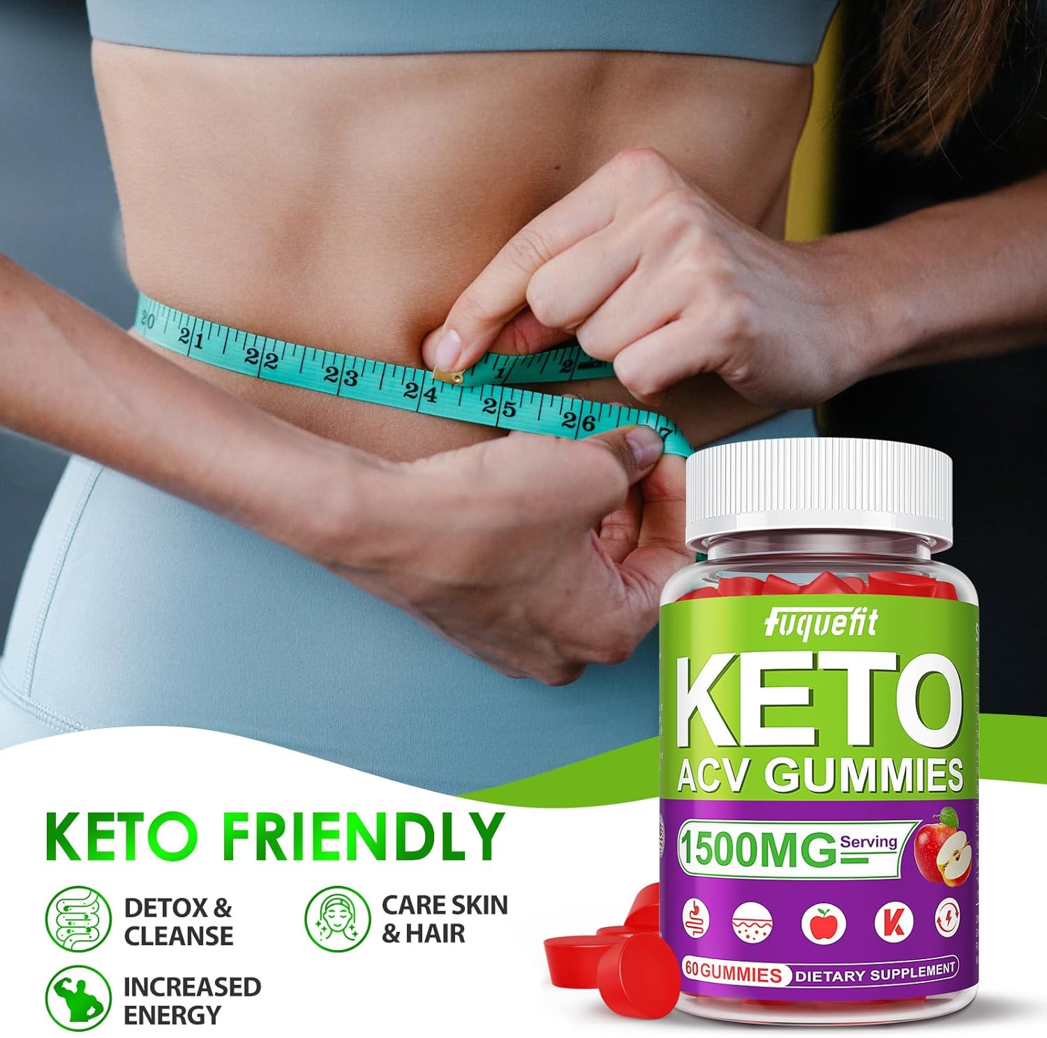 1500mg Fuquefit Keto ACV Gummies with B6 & B12, Pomegranate & Beet Juice - Vegan Formula - 60 Gummies