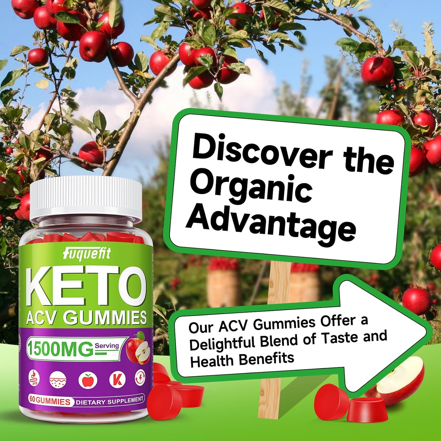 1500mg Fuquefit Keto ACV Gummies with B6 & B12, Pomegranate & Beet Juice - Vegan Formula - 60 Gummies