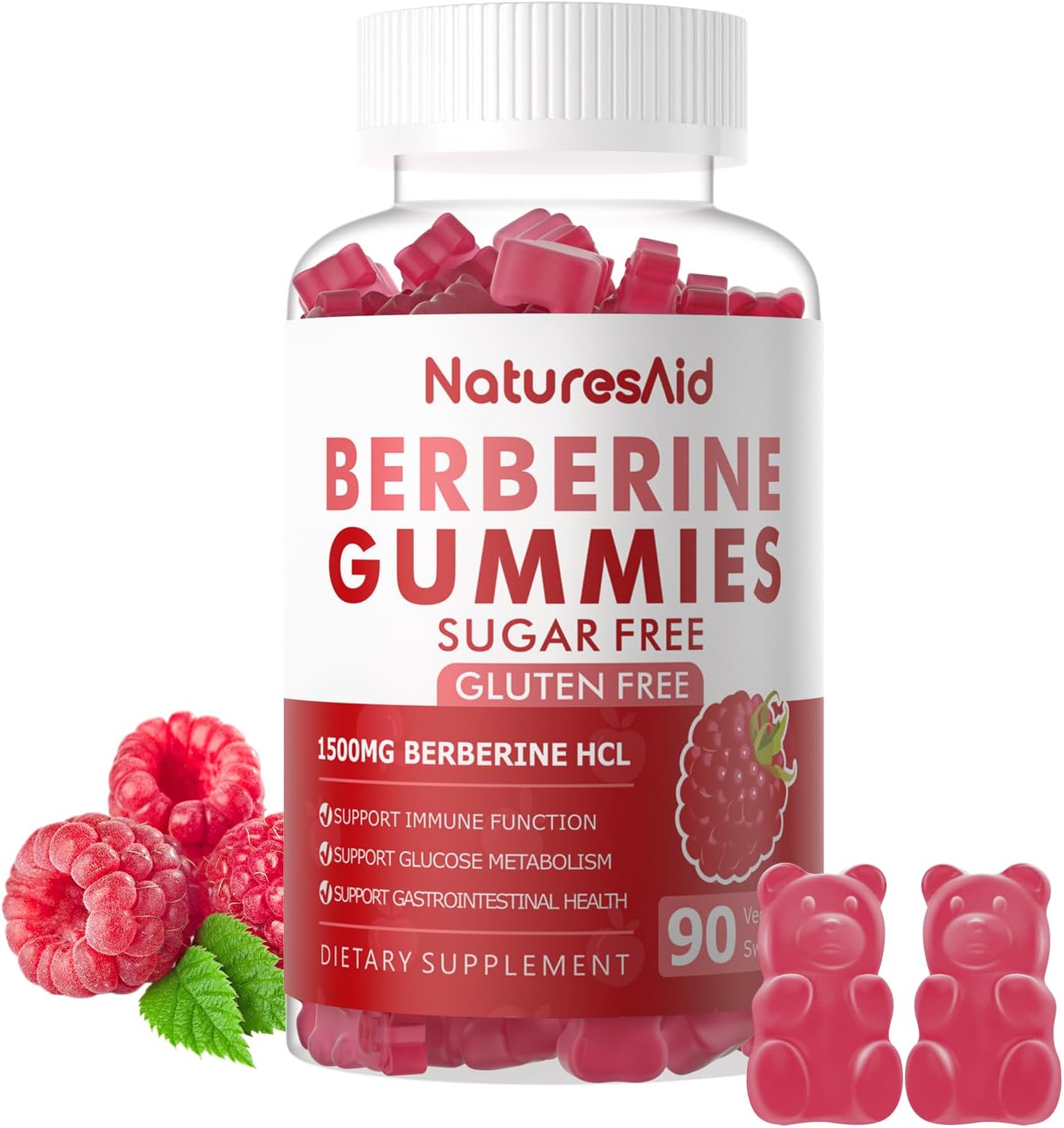 1500mg High Potency Berberine HCL Gummies with Ceylon Cinnamon for Immune Support - Raspberry Flavor