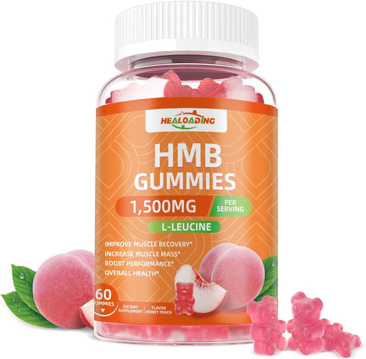 1500mg HMB and Leucine Gummies for Muscle Recovery and Endurance - Non-GMO Peach Flavored Supplement for Men and Women