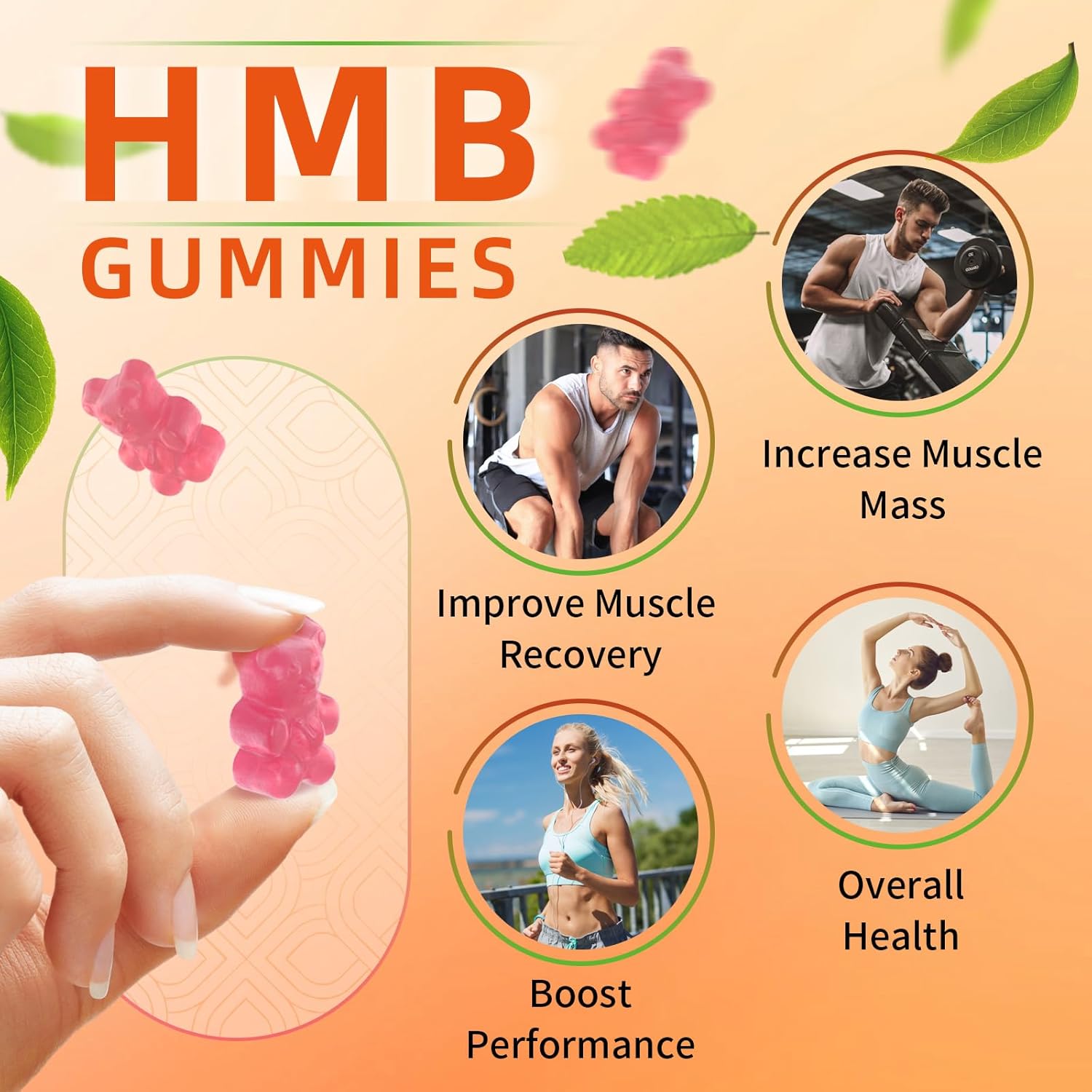 1500mg HMB and Leucine Gummies for Muscle Recovery and Endurance - Non-GMO Peach Flavored Supplement for Men and Women