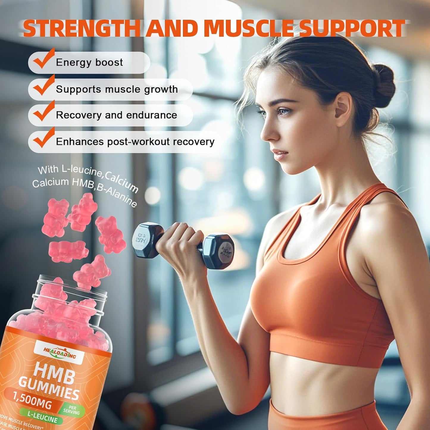 1500mg HMB and Leucine Gummies for Muscle Recovery and Endurance - Non-GMO Peach Flavored Supplement for Men and Women