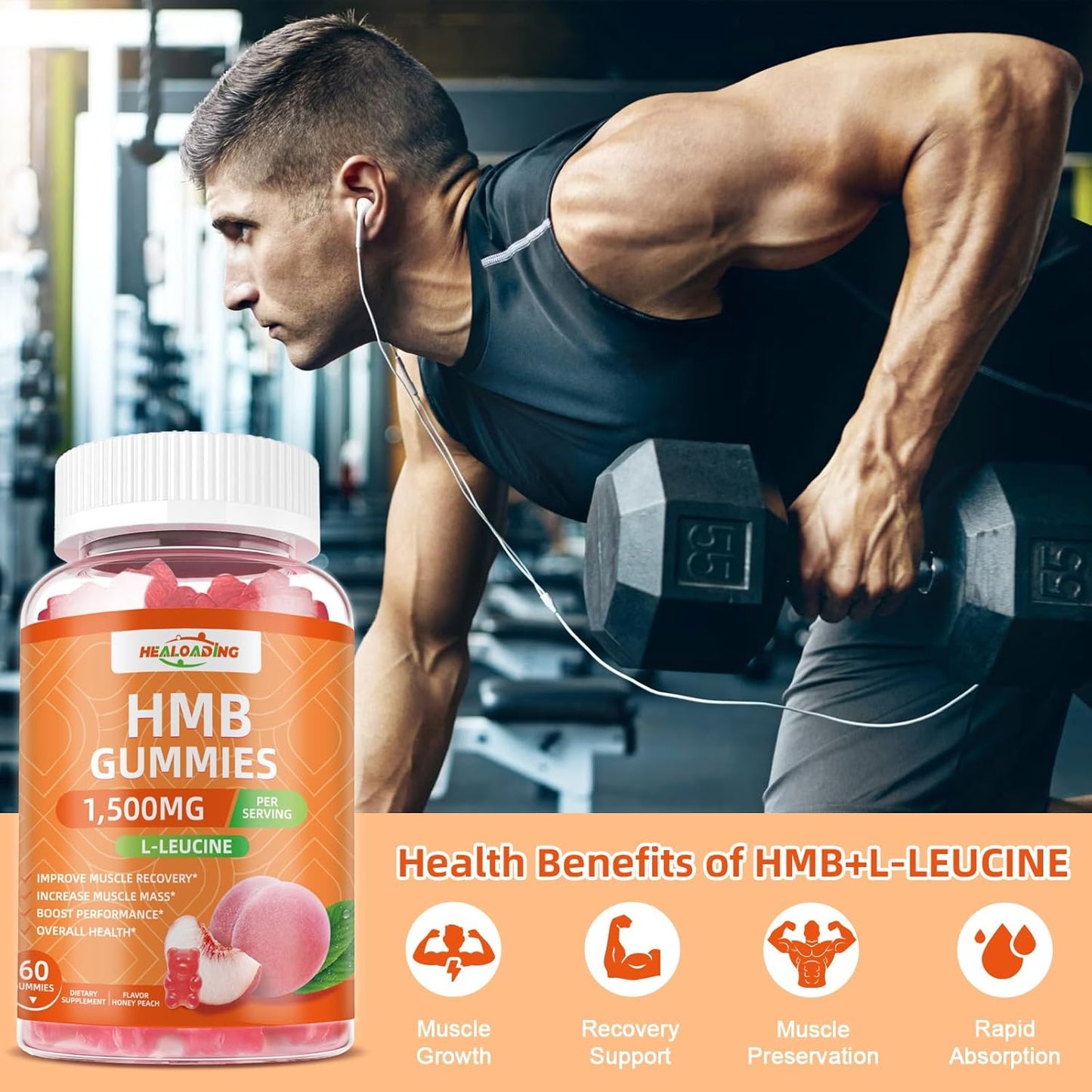 1500mg HMB and Leucine Gummies for Muscle Recovery and Endurance - Non-GMO Peach Flavored Supplement for Men and Women
