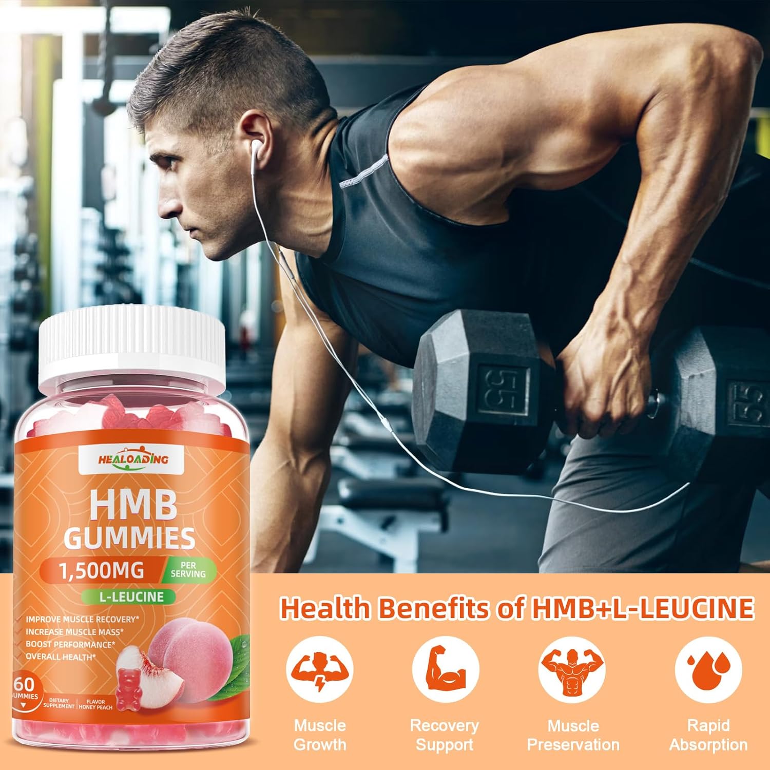 1500mg HMB and Leucine Gummies for Muscle Recovery and Endurance - Non-GMO Peach Flavored Supplement for Men and Women