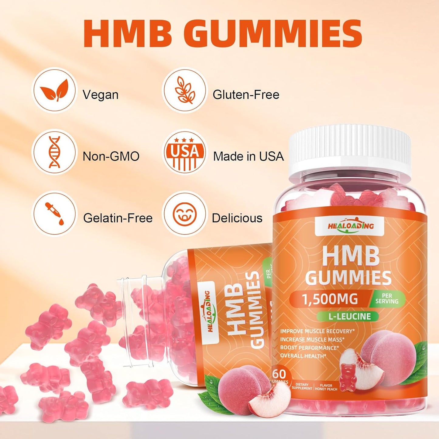 1500mg HMB and Leucine Gummies for Muscle Recovery and Endurance - Non-GMO Peach Flavored Supplement for Men and Women