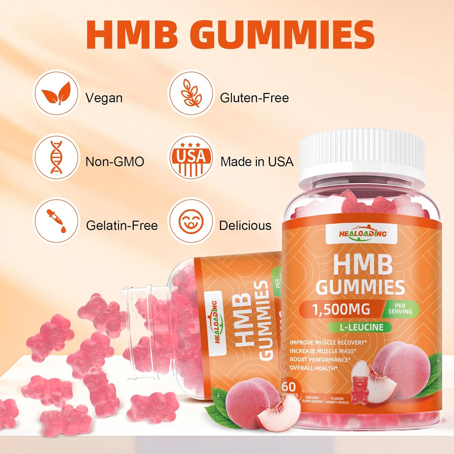 1500mg HMB and Leucine Gummies for Muscle Recovery and Endurance - Non-GMO Peach Flavored Supplement for Men and Women