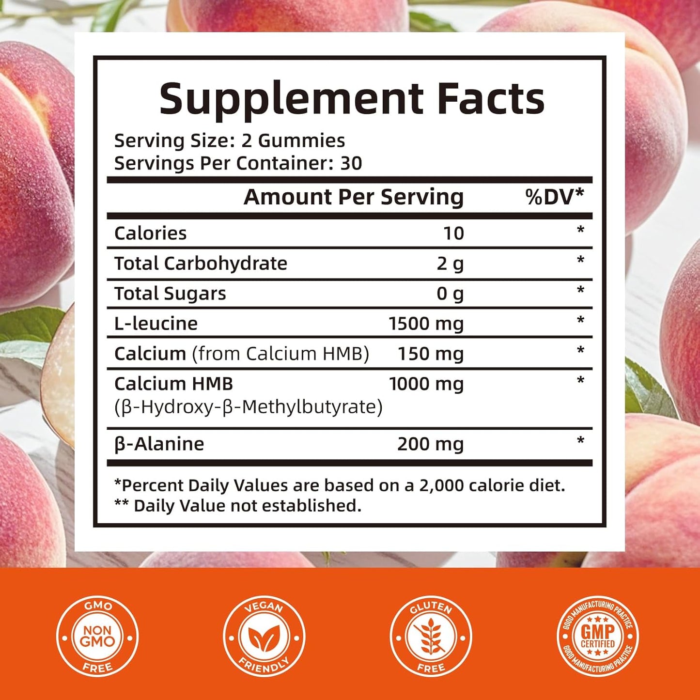 1500mg HMB and Leucine Gummies for Muscle Recovery and Endurance - Non-GMO Peach Flavored Supplement for Men and Women
