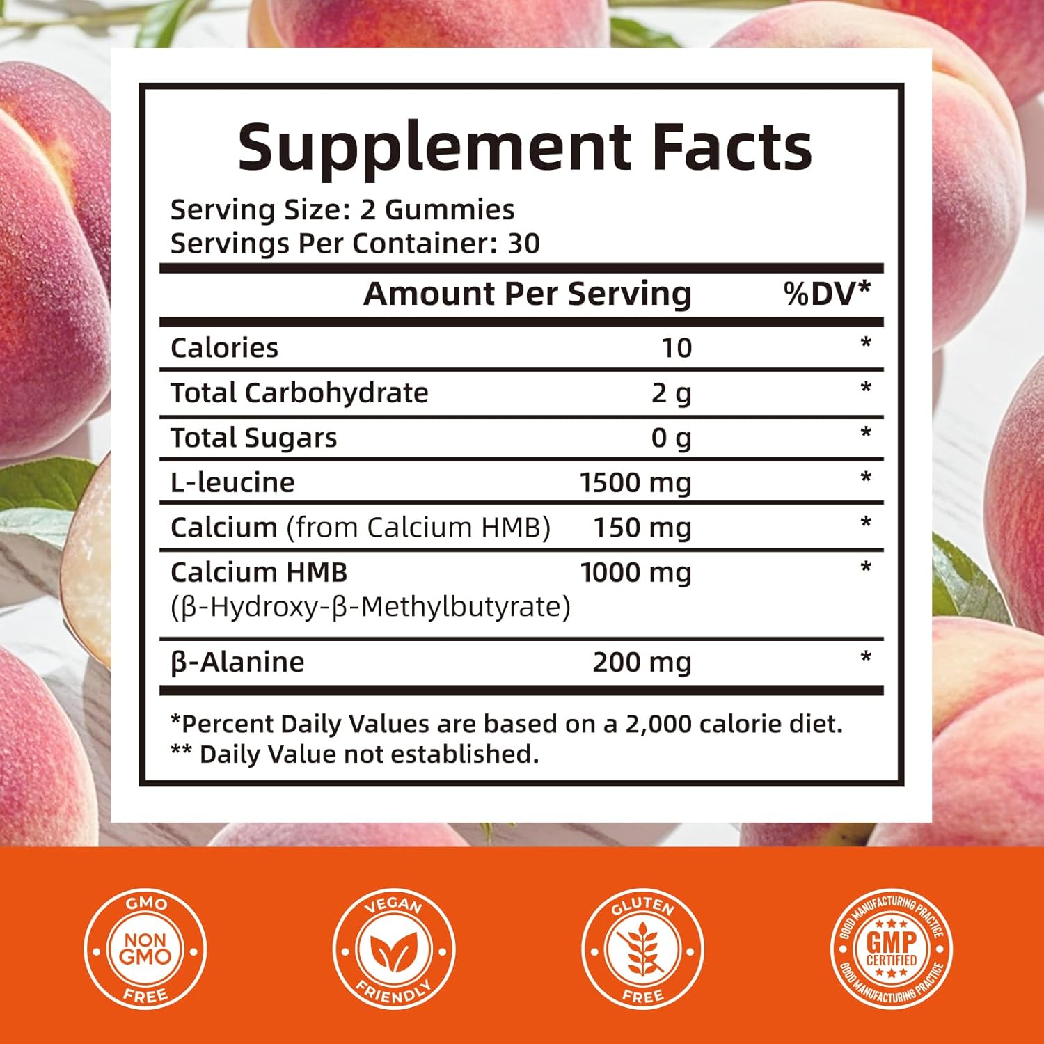 1500mg HMB and Leucine Gummies for Muscle Recovery and Endurance - Non-GMO Peach Flavored Supplement for Men and Women