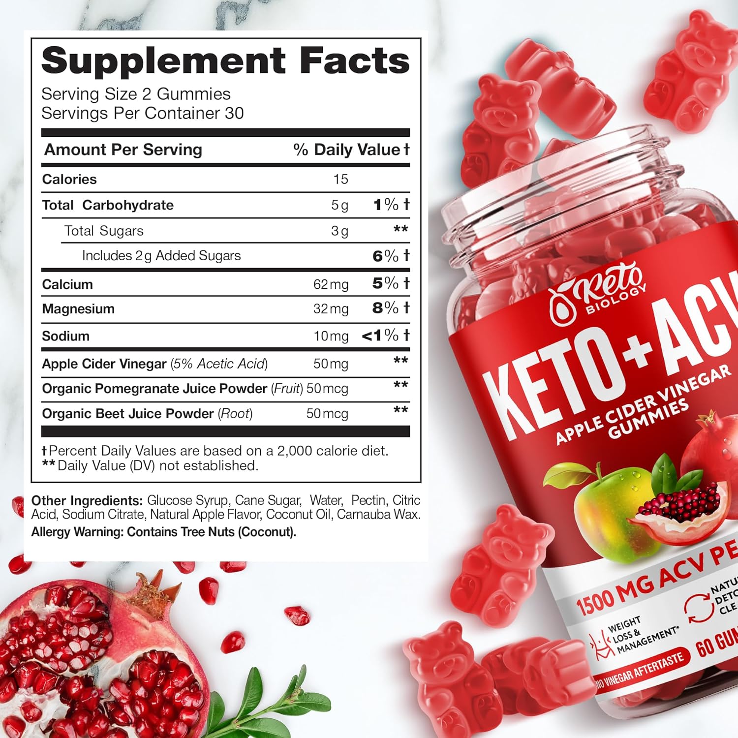 1500mg Keto ACV Gummies for Weight Loss, Detox & Energy - Vegan Apple Cider Vinegar Gummies - 60 Count