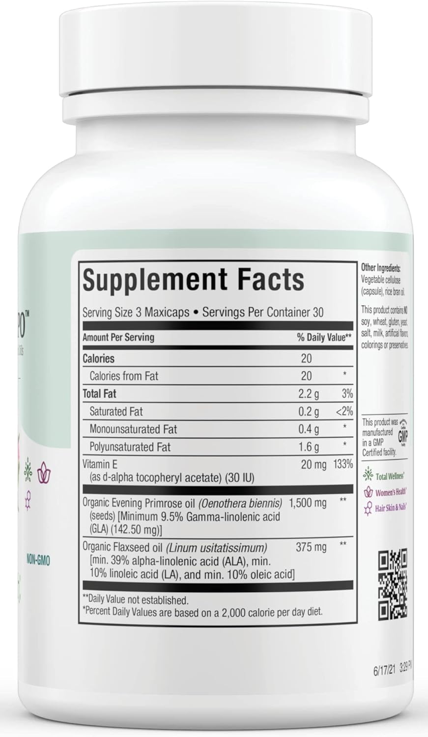 1500mg Organic Evening Primrose Oil Capsules for Women's Hormone Balance - Menopause & PMS Relief - GLA Acne Supplement - 90 Count