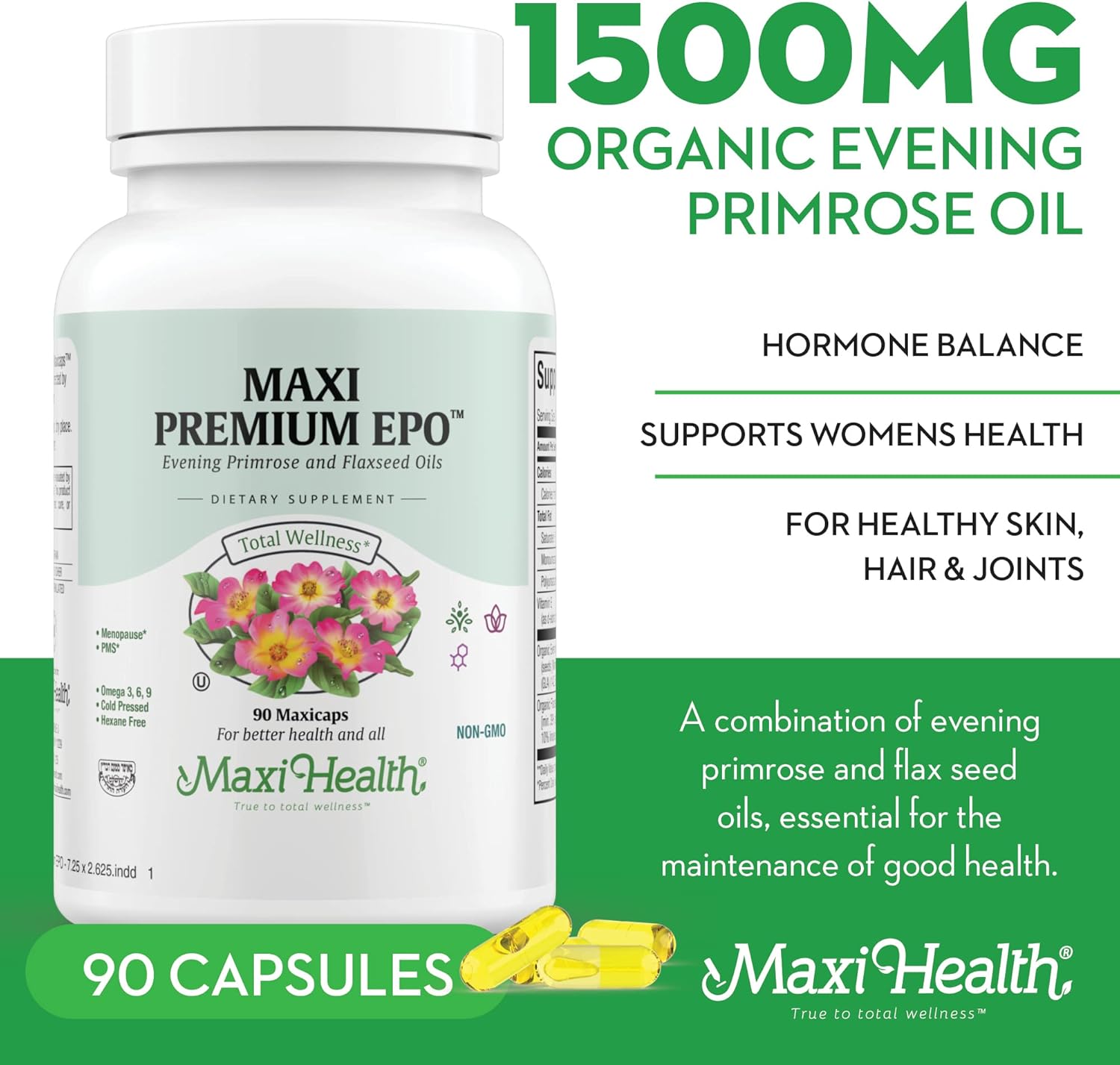 1500mg Organic Evening Primrose Oil Capsules for Women's Hormone Balance - Menopause & PMS Relief - GLA Acne Supplement - 90 Count