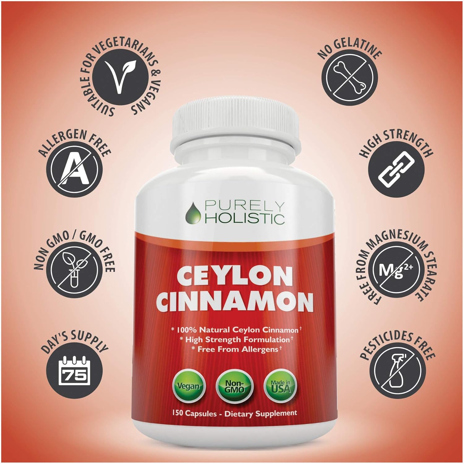 1500mg Purely Holistic Ceylon Cinnamon Capsules - 150 Vegan Capsules - 75 Day Supply - Sri Lankan Cinnamon Supplement