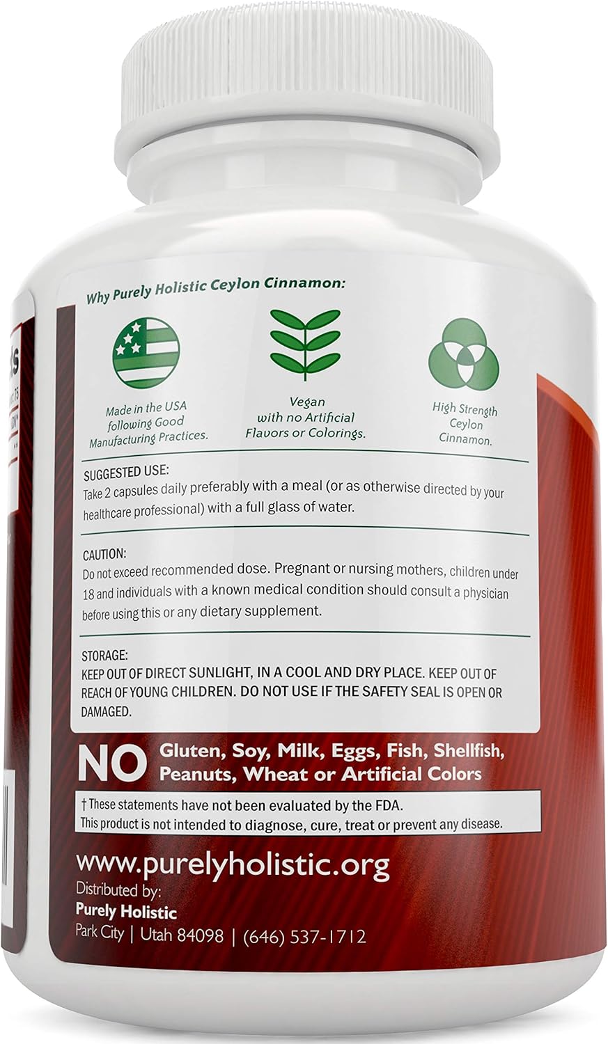 1500mg Purely Holistic Ceylon Cinnamon Capsules - 150 Vegan Capsules - 75 Day Supply - Sri Lankan Cinnamon Supplement
