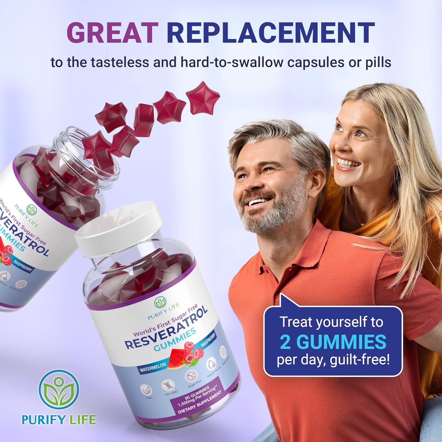 1500mg Resveratrol Gummies for Digestive & Immune Health - Sugar-Free Antioxidant Supplement for Cell Repair & Regeneration