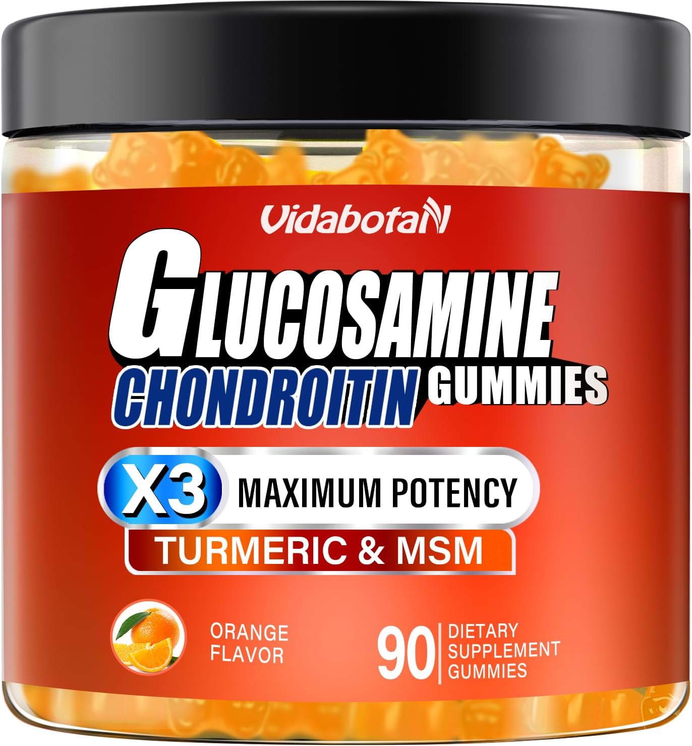 1500mg Sugar-Free Glucosamine Chondroitin Gummies with MSM & Turmeric - Orange Flavor, 90 Count, Gluten-Free