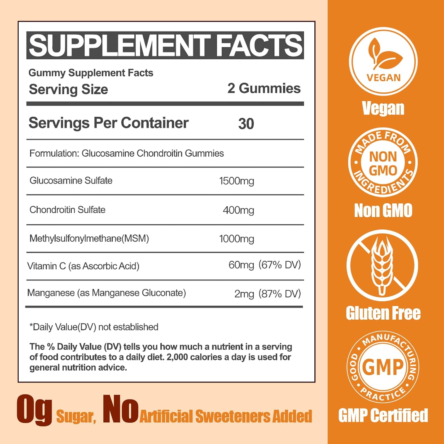 1500mg Sugar Free Glucosamine Chondroitin Gummies with Vitamin C for Immune Support (60 Count)
