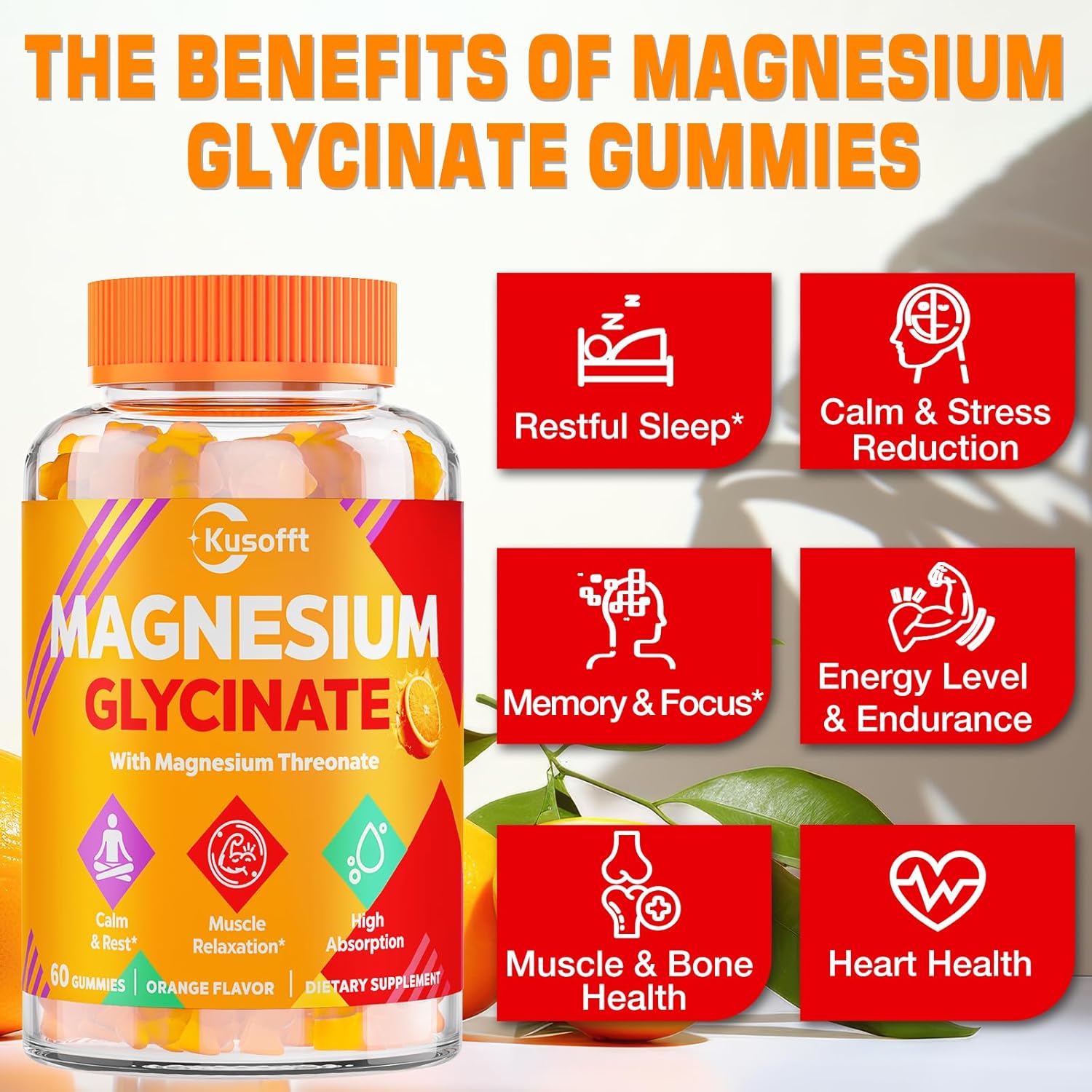 1500mg Sugar-Free Magnesium Glycinate Gummies for Adults - Orange Flavor Relaxation & Muscle Support Supplement with Magnesium I-Threonate & Ashwagandha - 180 Count