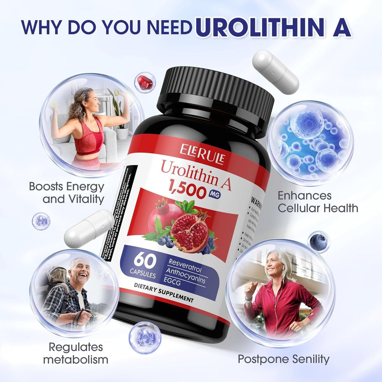 1500mg Urolithin A Supplement with Trans-Resveratrol, Anthocyanins, Green Tea - Promotes Healthy Aging and Cellular Vitality - 60 Capsules for Men & Women