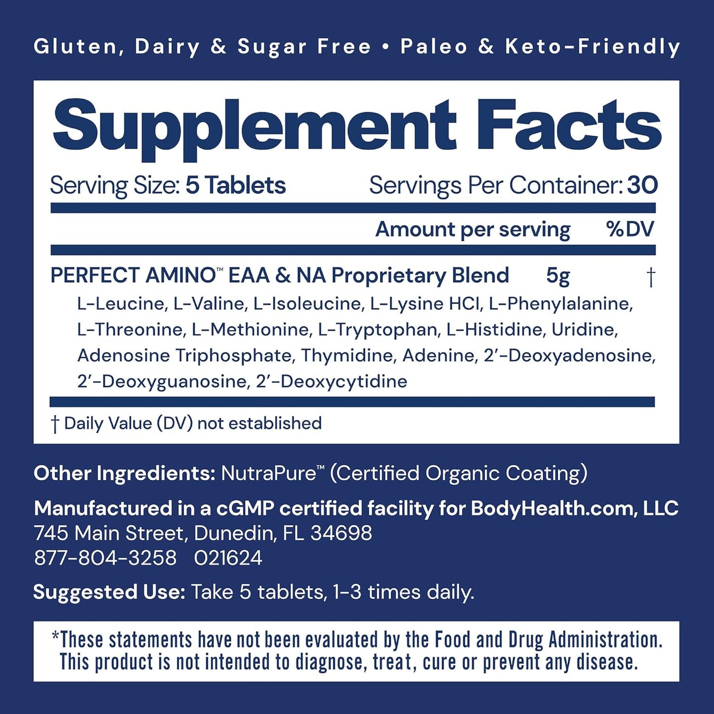 150ct BodyHealth PerfectAmino Tablets - Vegan Essential Amino Acid Supplement for Muscle Recovery & Workout Boost