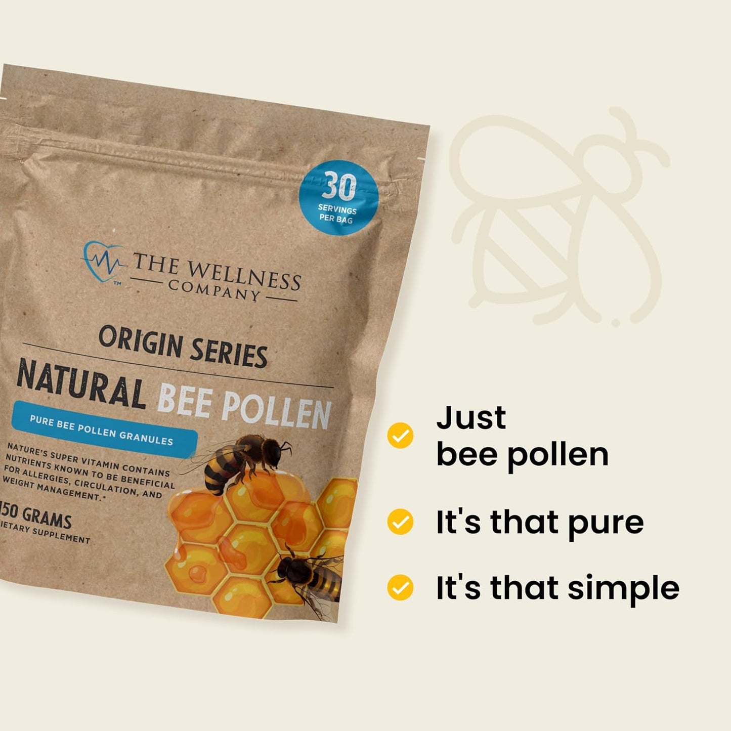 150g Natural Bee Pollen: Rich in Vitamins, Minerals, Proteins & Lipids | Non-GMO, Gluten-Free | Supports Circulation & Allergy Relief | 1 Month Supply