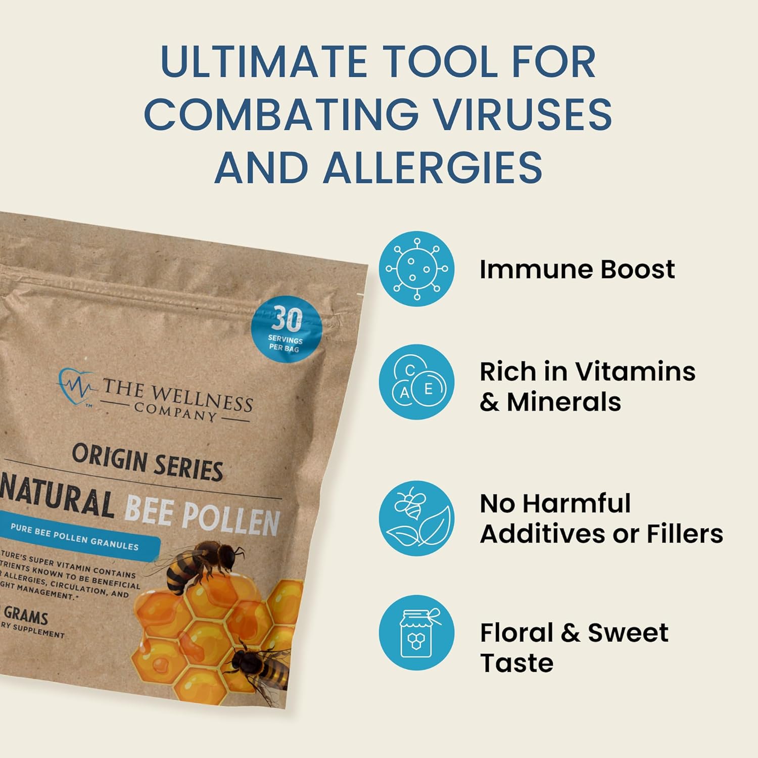 150g Natural Bee Pollen: Rich in Vitamins, Minerals, Proteins & Lipids | Non-GMO, Gluten-Free | Supports Circulation & Allergy Relief | 1 Month Supply