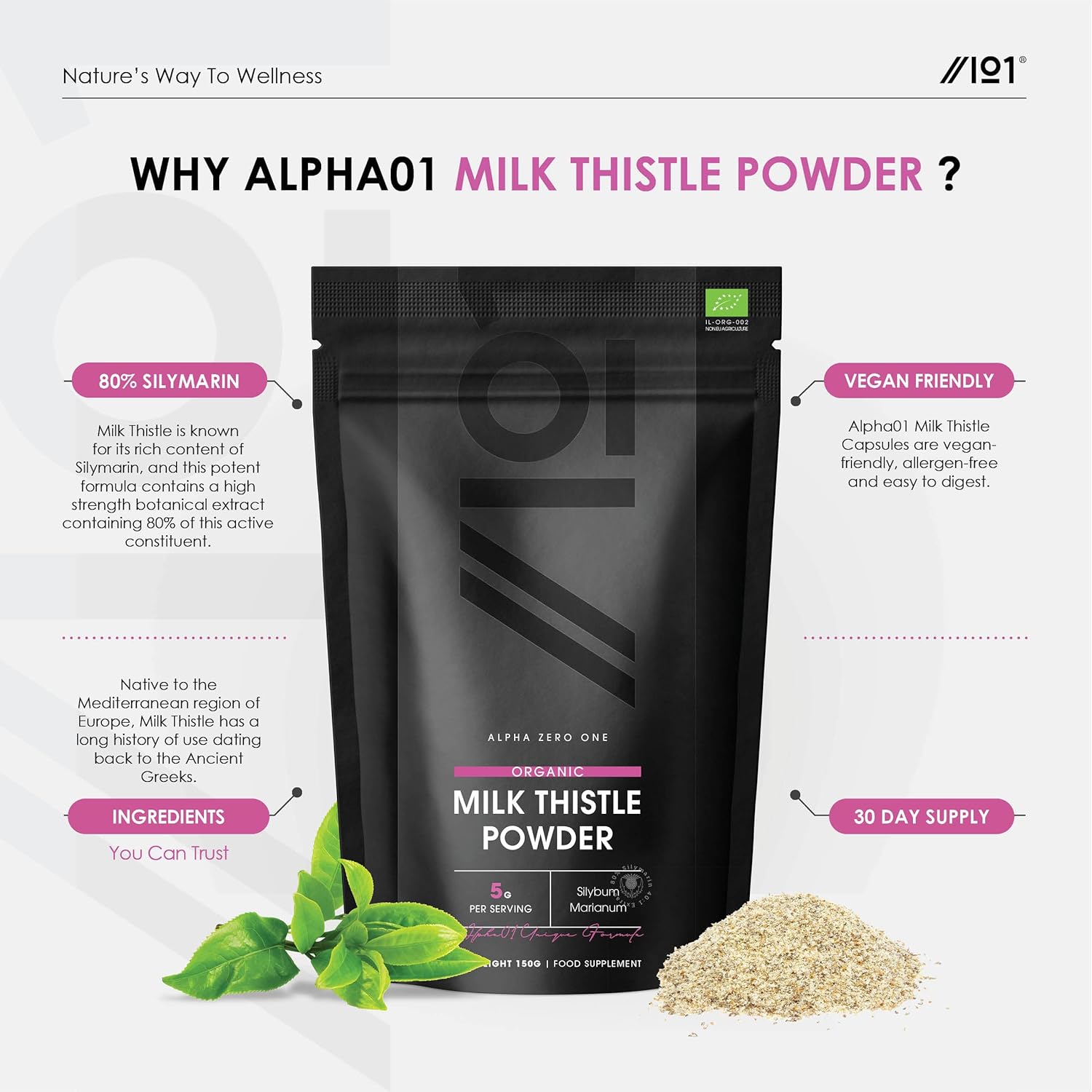 150g Organic Milk Thistle Powder - Rich in Silymarin - Cold-Pressed & Vegan - Non-GMO - Cleansing Supplement